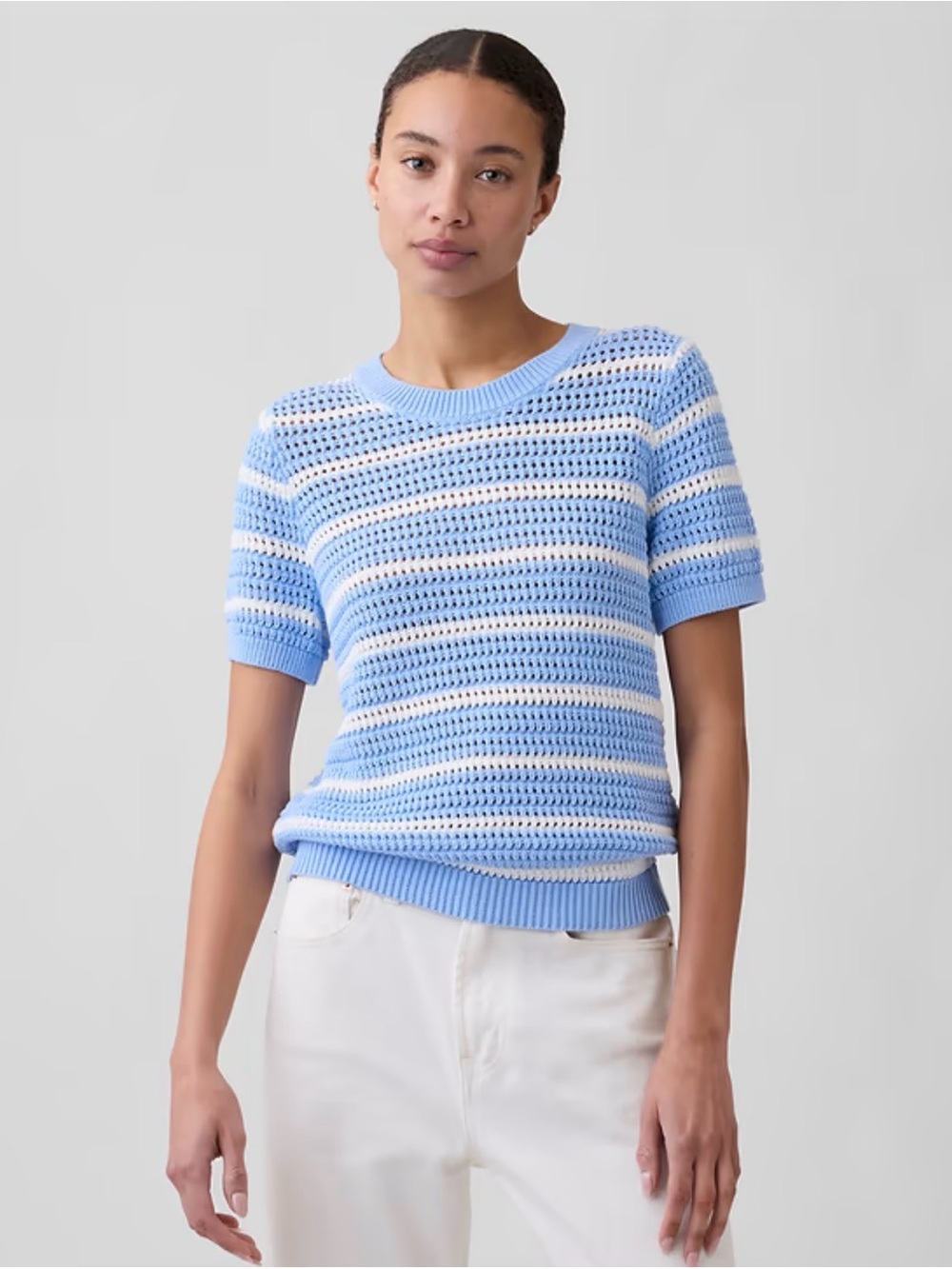 GAP Blue and White Striped Relaxed Crochet Short Sleeve Top